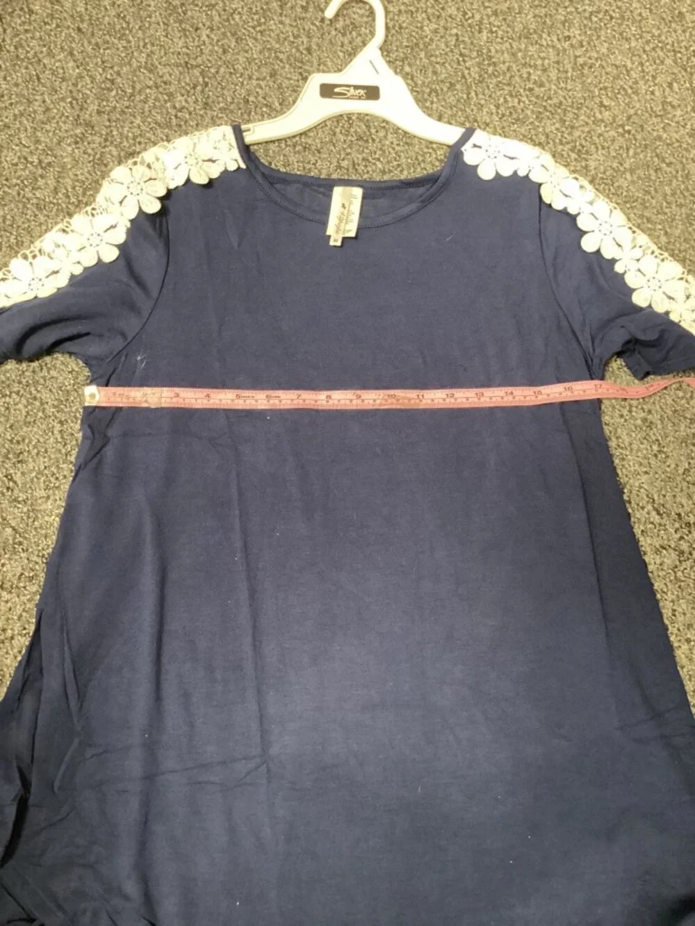 42 Pops Crochet Navy Blue Short Sleeve Shirt With Lace Floral Shoulder - Picture 3 of 4